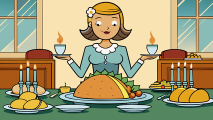An oliveskinned woman sits down at a luxurious dining table set for a holiday feast. She carefully accepts a plate piled high with fragrant. Cartoon Vector.