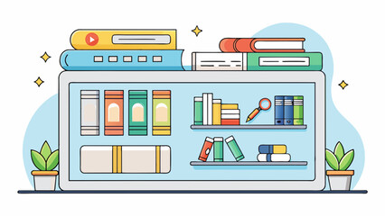 Fototapete - An online bookstore with a minimalist design prominently displaying the latest book releases on the homepage. The website has a search bar for users. Cartoon Vector.