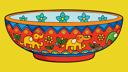 Poster - An ornate handpainted ceramic bowl from a foreign country with vibrant patterns of elephants and flowers covering its surface.. Cartoon Vector.