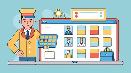 Poster - An online booking system for a hotel has a website with a search bar and dropdown menus to select arrival and departure dates and the number of. Cartoon Vector.