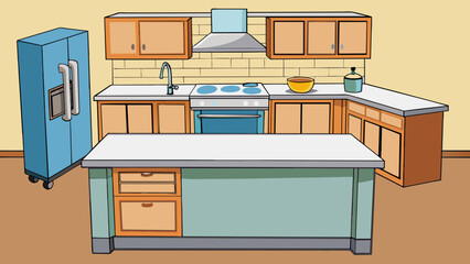 Poster - An openconcept kitchen with a large island in the center. The island has a sleek quartz countertop and plenty of storage space with pullout drawers.. Cartoon Vector.