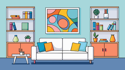 Poster - An organized and modern home with sleek white furniture and pops of bright colors from carefully p vases and decorative pillows. The walls are except. Cartoon Vector.