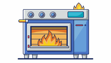 Fototapete - An oven being turned on with flames starting to ignite at the bottom. The oven is a large stainless steel appliance with a digital display panel and. Cartoon Vector.