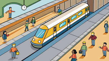 Poster - An underground train station with numerous tracks and flashing departure times. People rushing to catch their train their footsteps echoing against. Cartoon Vector.