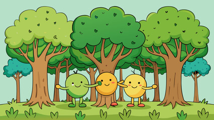 Aufkleber - A of trees in a forest growing close together and intertwined. The group of trees provides support for one another and relies on shared resources to. Cartoon Vector.