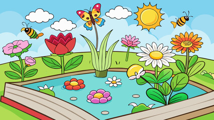 Poster - A page with a blooming garden The page is a burst of color with a variety of beautiful flowers in full bloom. The garden path winds through different. Cartoon Vector.