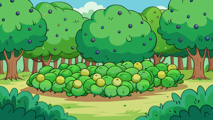 Poster - A of bright round berries growing on a bush in the forest. Each berry starts as a small green orb and gradually transitions to a plump juicy fruit as. Cartoon Vector.
