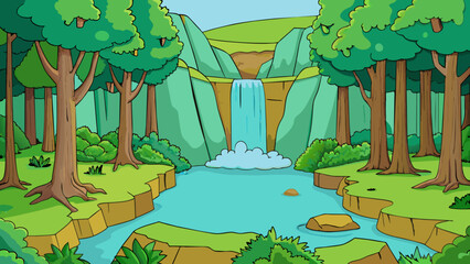 Aufkleber - A painting of a lush green forest with a small waterfall cascading down rocks into a crystal clear pool.. Cartoon Vector.