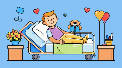 Poster - A patient is lying on a hospital bed with a cast on their arm. They are surrounded by cards and flowers from wellwishers. The patients face is lit up. Cartoon Vector.