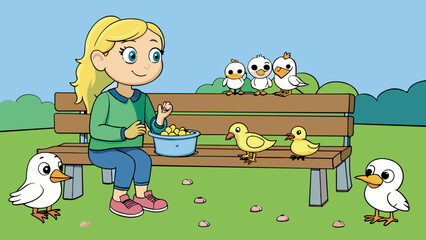 Poster - A park bench where a young girl sits quietly feeding breadcrumbs to a group of curious and friendly ducks waddling around her.. Cartoon Vector.