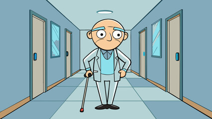 Poster - A patient walks slowly down a hallway using a cane for support. They have a slight hunch in their shoulders and their hands are trembling as they grip. Cartoon Vector.