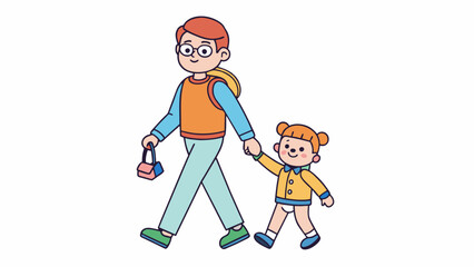 Poster - A parent walks hand in hand with their child who excitedly clutches onto a small stuffed bear. The bears soft plush body is perfect for a child to. Cartoon Vector.