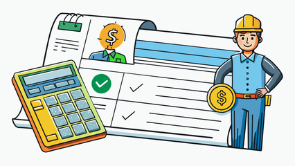 Poster - A paycheck stub with calculations and deductions neatly printed showing the employees worked hours and salary breakdown.. Cartoon Vector.