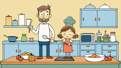 Poster - A parent stood at the kitchen counter preparing a hearty meal for their family. Their cooking utensils were wellworn from years of use but their. Cartoon Vector.