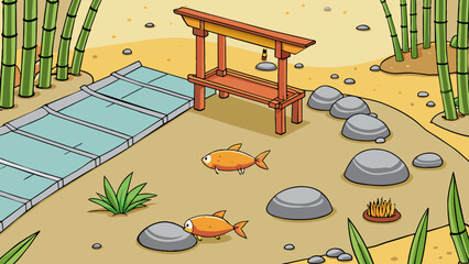 Poster - A peaceful Zen garden with meticulously raked gravel and strategically p smooth stones. A small wooden bridge crosses over a shallow pond where bright. Cartoon Vector.
