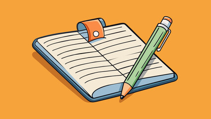 Aufkleber - A pen lying next to a notebook its tip uncapped and a few scribbled words visible on the page. This object combination symbolizes the responsibility. Cartoon Vector.