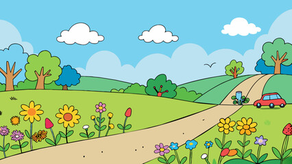 Poster - A peaceful afternoon with the smell of freshly grass and the sound of children playing in the distance. The sky is a soft shade of blue and there are. Cartoon Vector.