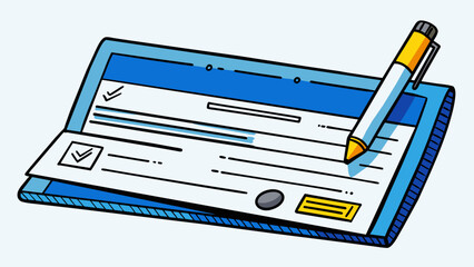 Sticker - A physical check with perforated edges containing handwritten information such as the date payee and numerical and written amounts. The paper is. Cartoon Vector.