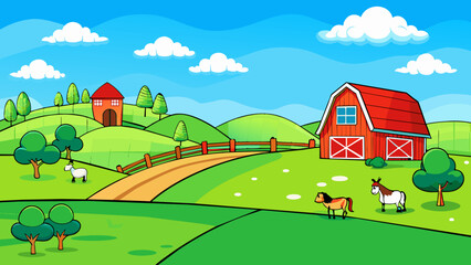 Poster - A picture of a peaceful countryside with rolling hills and lush green fields stretching as far as the eye can see. In the distance a traditional red. Cartoon Vector.