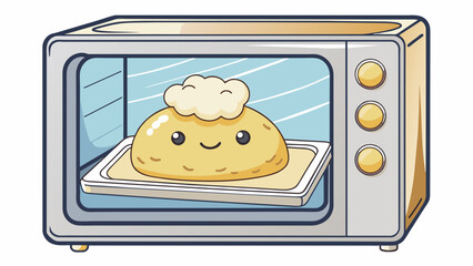 Poster - A piece of dough rises in the warm oven doubling in size as yeast works its magic causing tiny air bubbles to form and expand. The once flat lifeless. Cartoon Vector.