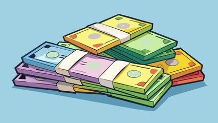 Poster - A pile of cled banknotes of different denominations tered on a table or held in a secure bundle. They are lightweight and relatively durable made from. Cartoon Vector.