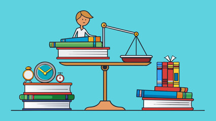 Poster - A pile of textbooks towering on a students desk the weight of each one adding up to a significant amount.. Cartoon Vector.