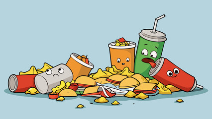 Aufkleber - A pile of greasy fast food wrappers and empty soda cans tossed carelessly on the ground. A depiction of overindulgence and unhealthy eating habits it. Cartoon Vector.