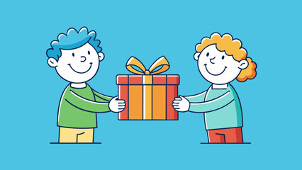Poster - A picture of a person handing a gift to another person with a smile on their face. This illustrates the association between generosity and joy as the. Cartoon Vector.