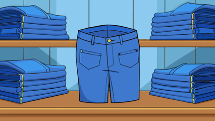 Aufkleber - A pile of neatly folded blue jeans displayed on a store shelf. The jeans have a dark wash several pockets and a sy metal zipper.. Cartoon Vector.