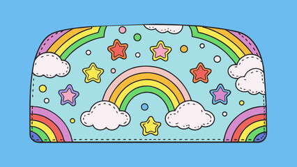 Poster - A playful and whimsical cover crafted out of multicolored patches of fabric and adorned with puffy clouds rainbows and glittery stars.. Cartoon Vector.