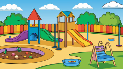 Wall Mural - A playground with colorful play equipment and rubber mulch ground cover surrounded by a fence adorned with colorful artwork created by students.. Cartoon Vector.