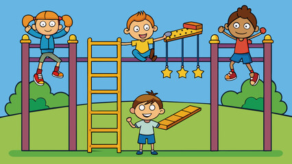 Poster - A playground filled with children playing on the monkey bars. Each child is trying to complete the obstacle course in the fastest time and with the. Cartoon Vector.