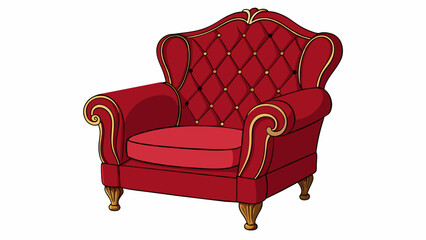 Aufkleber - A plush velvet armchair with a deep red color and intricate embroidered patterns on the backrest. The arms are wide and padded providing extra. Cartoon Vector.