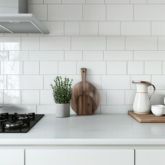 Wall Mural - there is a white kitchen counter with a cutting board and a potted plant