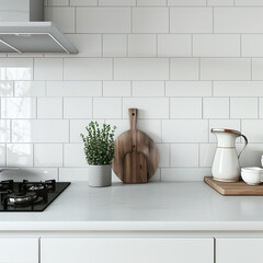 Sticker - there is a white kitchen counter with a cutting board and a potted plant