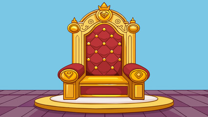 Poster - A plush velvet throne adorned with intricate golden patterns and a high backrest situated on a raised dais in the center of a regal throne room. Cartoon Vector.