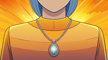 Poster - A polished silver necklace dangling from a womans neck each link reflecting the soft warm glow of the sunset behind her.. Cartoon Vector.