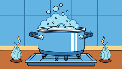 Poster - A pot of boiling water on a stove with bubbles rising and steam escaping revealing the transfer of heat energy from the stove to the water.. Cartoon Vector.