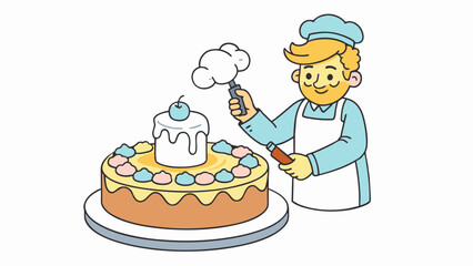 Aufkleber - Applying icing on a cake The icing is a fluffy sugary mixture that is typically white or a pastel color stored in a piping bag or jar. It has a sweet. Cartoon Vector.