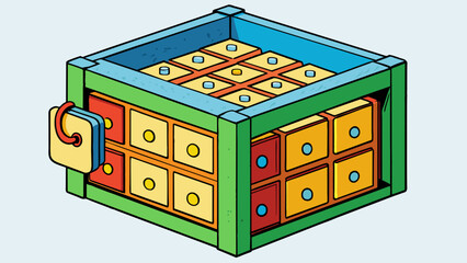 Poster - A puzzle box with various compartments that fit snugly together to keep the contents secure.. Cartoon Vector.