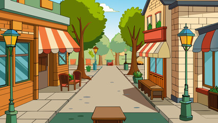 Poster - A quaint smalltown street with charming storefronts each with their own unique signage and hanging flower baskets. The narrow sidewalks are made of. Cartoon Vector.