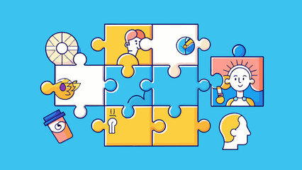 Sticker - A puzzle with missing pieces some of them fitting together perfectly while others do not representing the fragmented and unfinished nature of thoughts. Cartoon Vector.