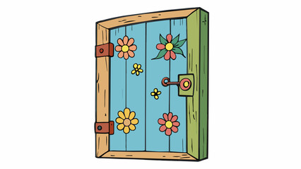 Poster - A quaint floralpainted door on a rustic cottage swung open with ease the creaking hinges adding charm to its simple beauty. The brass handle was. Cartoon Vector.