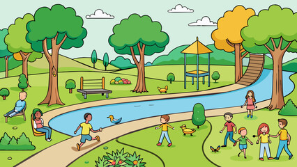 Poster - A public park with lush green grass and towering trees tered throughout. Children play on a playground while couples walk hand in hand along a winding. Cartoon Vector.