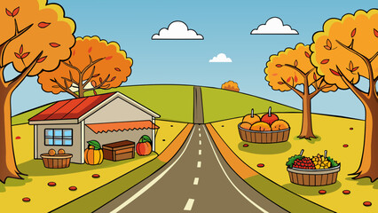 Poster - A quiet and peaceful country road is lined with colorful autumn leaves with a small farm stand selling fresh apples and homemade pies. The crisp air. Cartoon Vector.