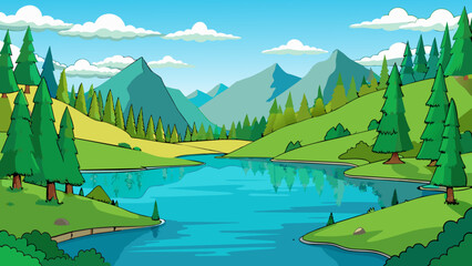 Poster - A quiet lake surrounded by emerald hills and tall trees. The water is still reflecting the vibrant hues of the surrounding nature.. Cartoon Vector.