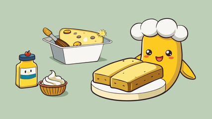 Poster - A recipe for banana bread that only requires 5 ingredients and can be made in under an hour making it an easy and quick dessert option.. Cartoon Vector.