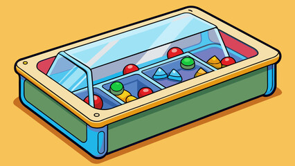 Aufkleber - A rectangular box made of hard clear plastic with a hinged lid. Inside it is filled with small colorful objects that make a satisfying clicking noise. Cartoon Vector.