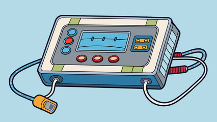 Fototapete - A rectangular metal device with a screen buttons and various wires attached. It can perform various functions such as calling messaging and accessing. Cartoon Vector.