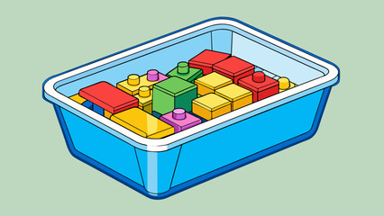 Poster - A rectangular plastic box with a snaplock lid filled with colorful building blocks of various shapes and sizes.. Cartoon Vector.